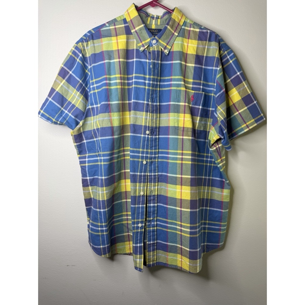 Polo Ralph Lauren Mens Button Front Yellow Multi Plaid Oxford Shirt Size 2XL